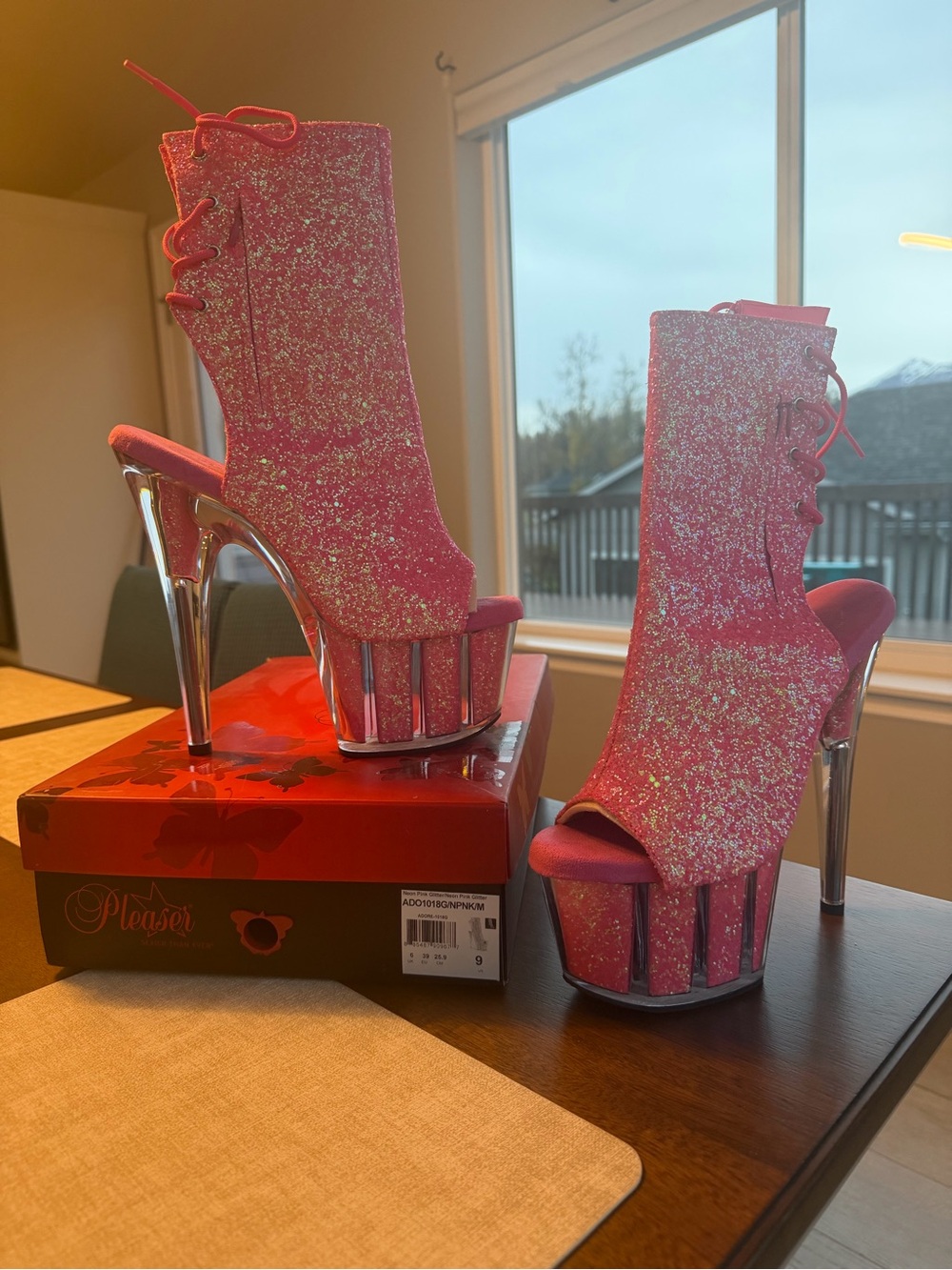 Pleaser Hot Pink Glitter Open-Toe Platform Ankle Boots